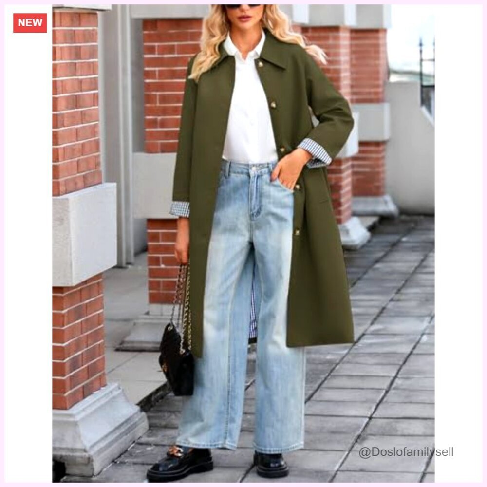 Oversized Trench Coat Classic Button Down Long Jacket Windproof Chic - Picture 3 of 7